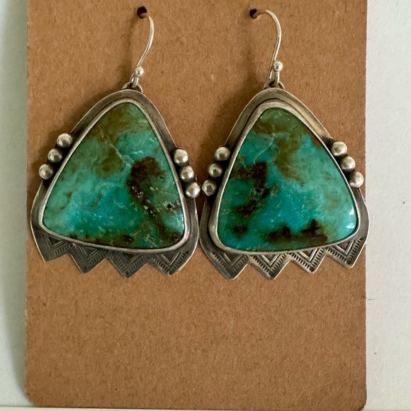 Handcrafted Turquoise and Silver Triangle Earrings - Picture 1 of 5